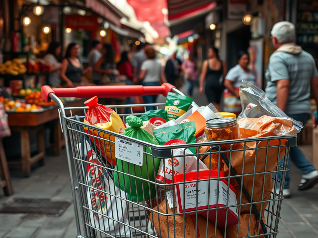 Корзина для покупок, полная разнообразных продуктов, на рынке с людьми и фруктами вокруг.