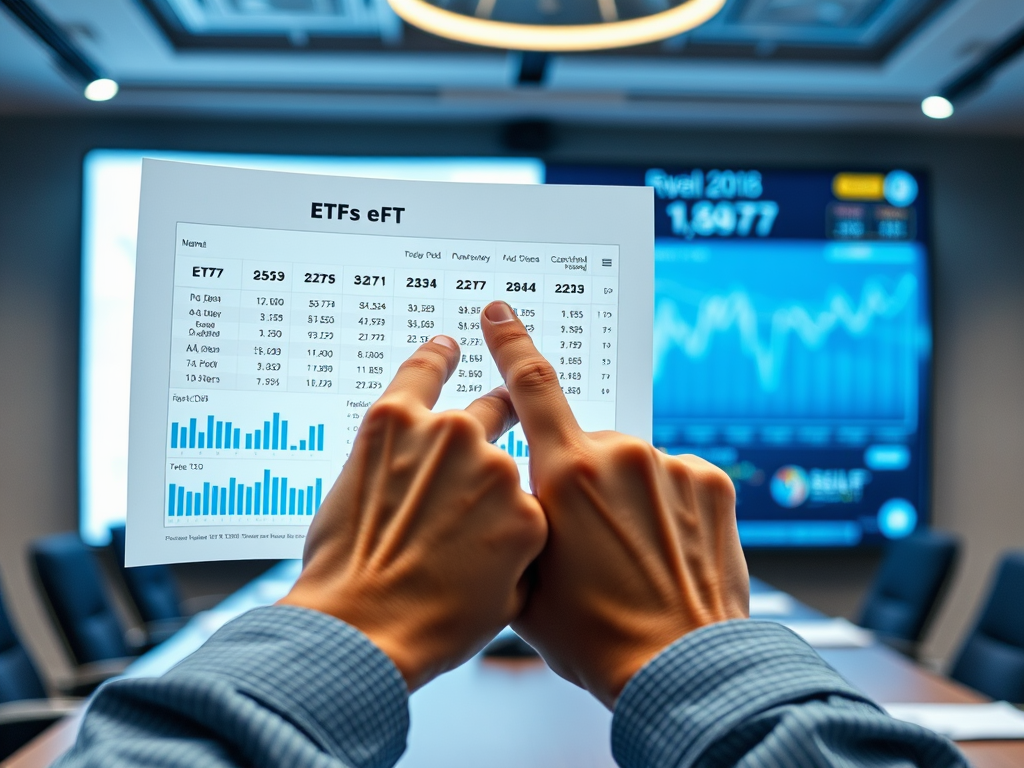 На изображении человек указывает на финансовые данные на таблице о фондах ETF в конференц-зале.